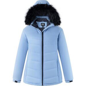 Women's Light Blue Snow Ski Jacket Removable Hood Coat Waterproof Warm Winter